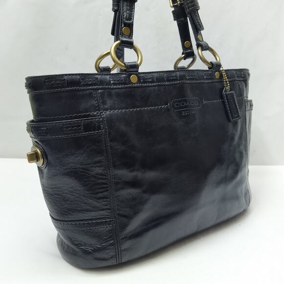 Coach Gallery Black Patent Leather Turn Lock Pocket Doubler Handle Tote Bag - Picture 3 of 16